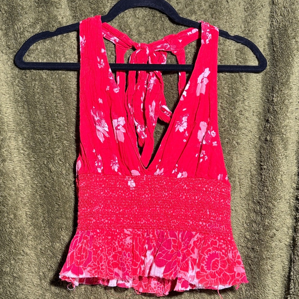 Free People Bright Red Floral Tie-Back Smocked Cropped Halter